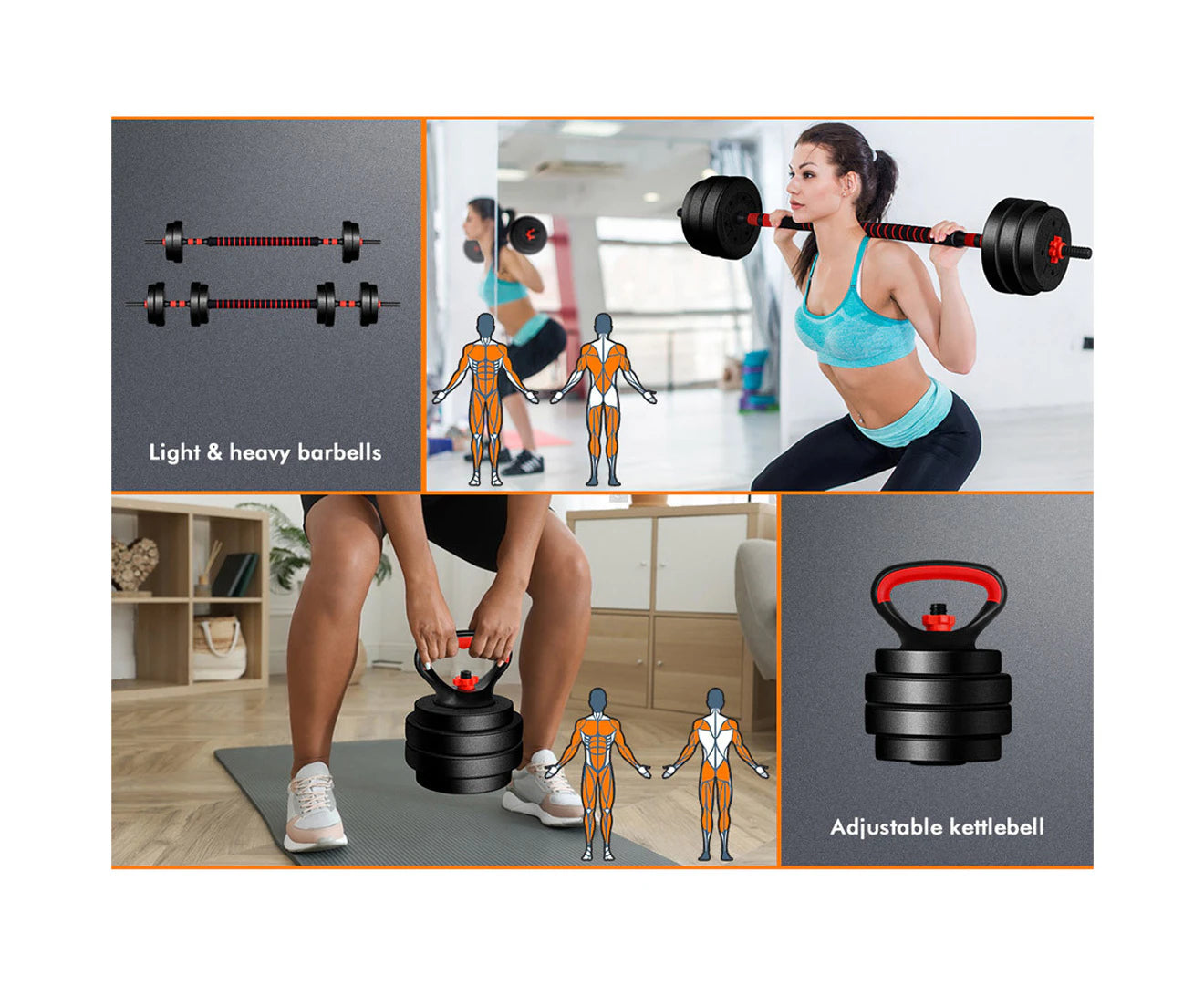20Kg Dumbbell Set 7In1 Adjustable Barbell Kettlebell Home Gym Fitness